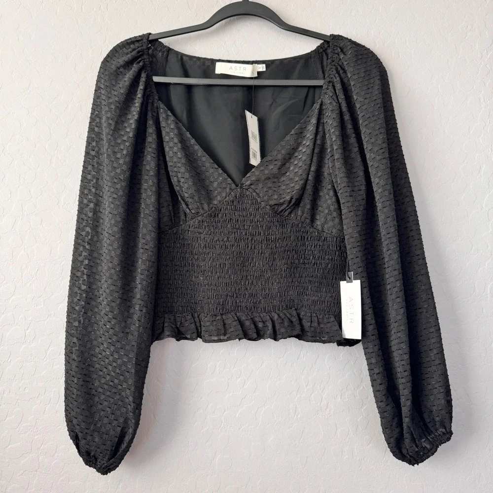 NWT ASTR the Label Small Black Long Sleeve Smocked Ruffle Hem Top